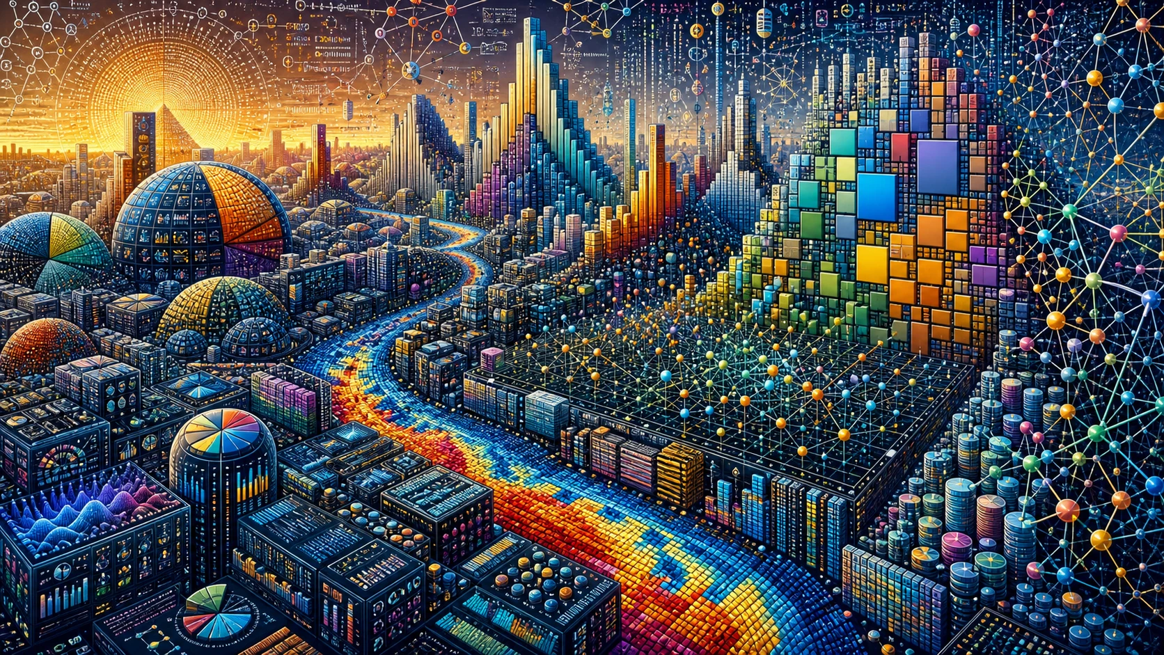 Ville futuriste aux bâtiments faits de pures visualisations de données
