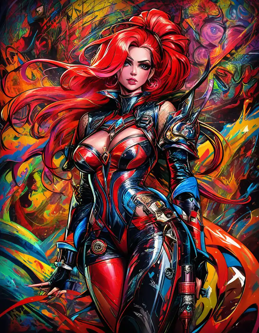 Seductive red haired woman in fantasy cosplay pin up pose