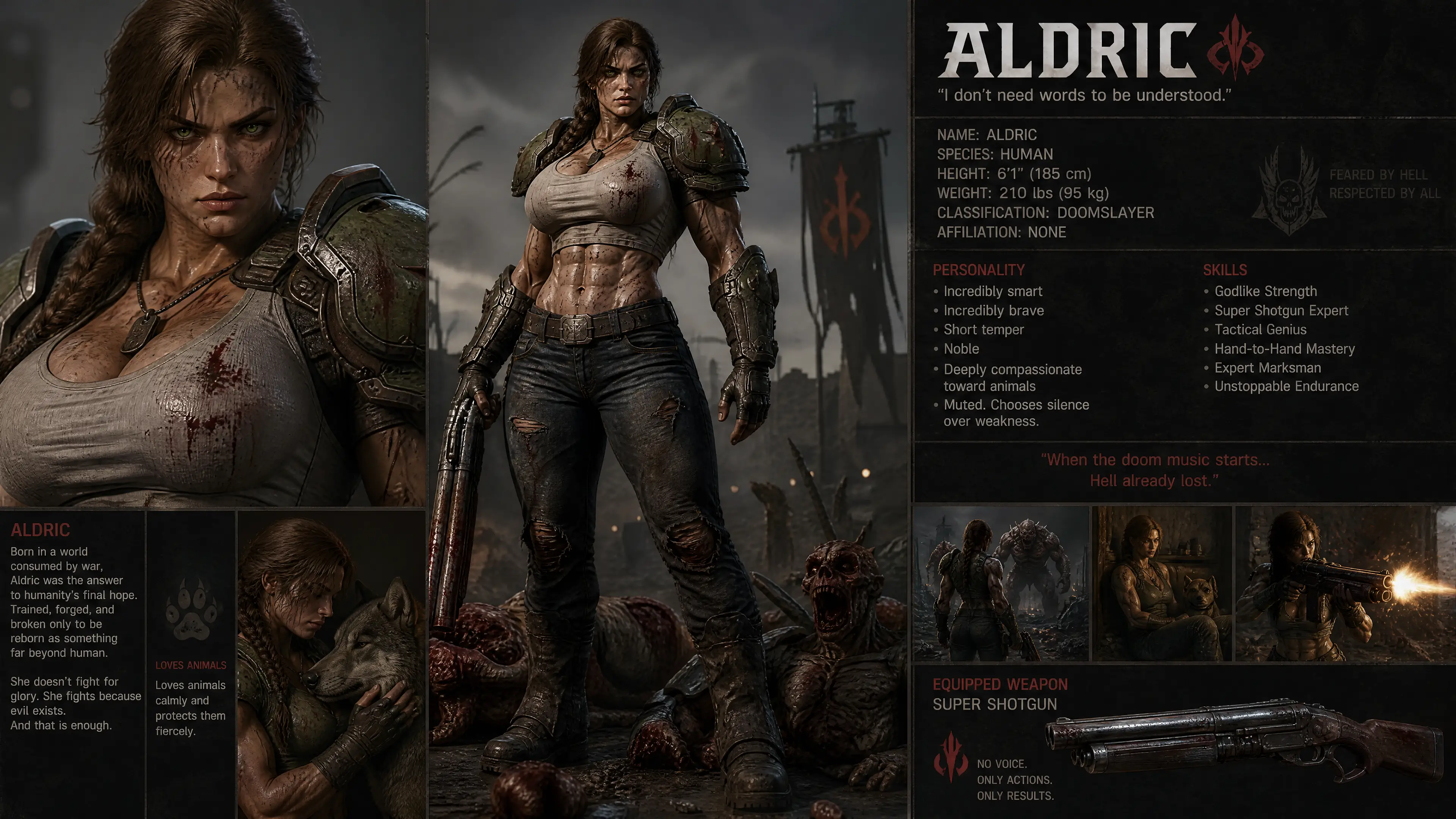 Powerful female doomslayer warrior with braided hair and armor
