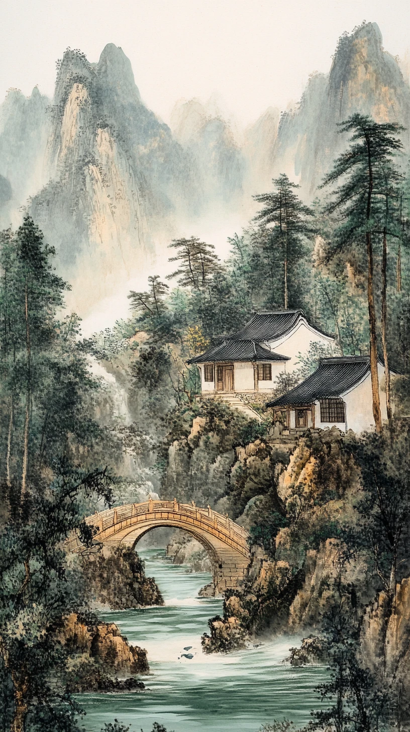 Ruhiges chinesisches Bergdorf mit Brücke und Bach