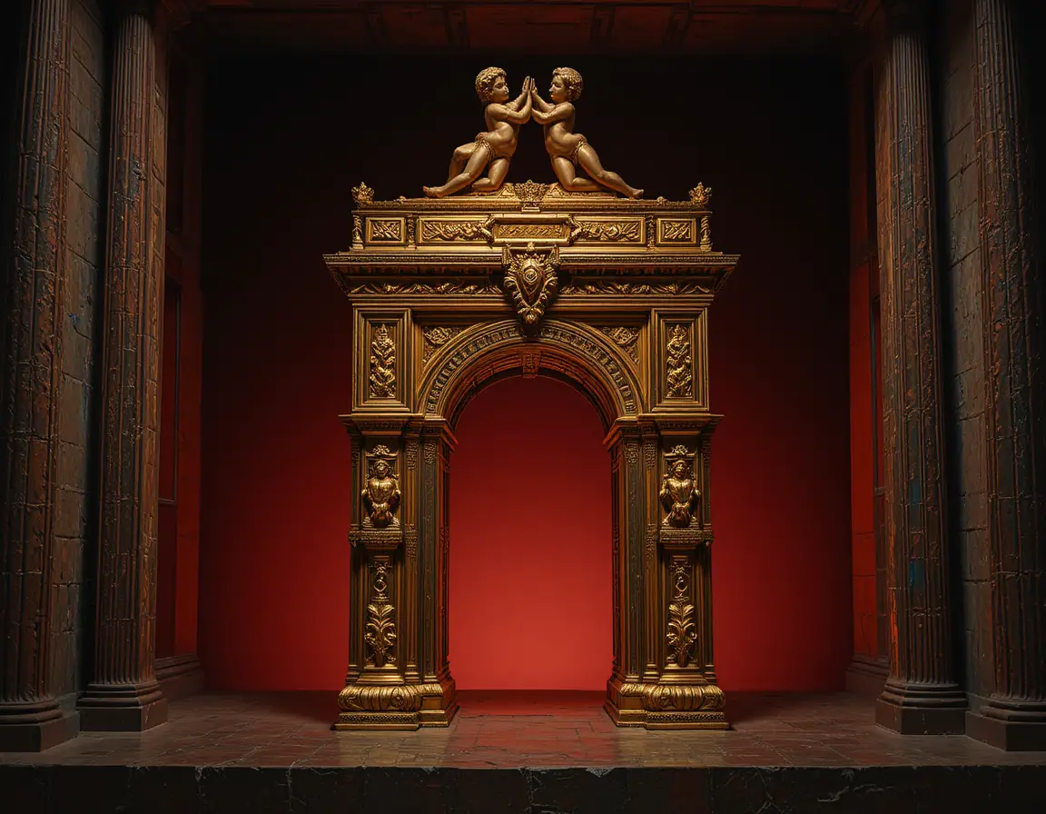 Golden Ark of the Covenant on Dark Red Dramatic Background