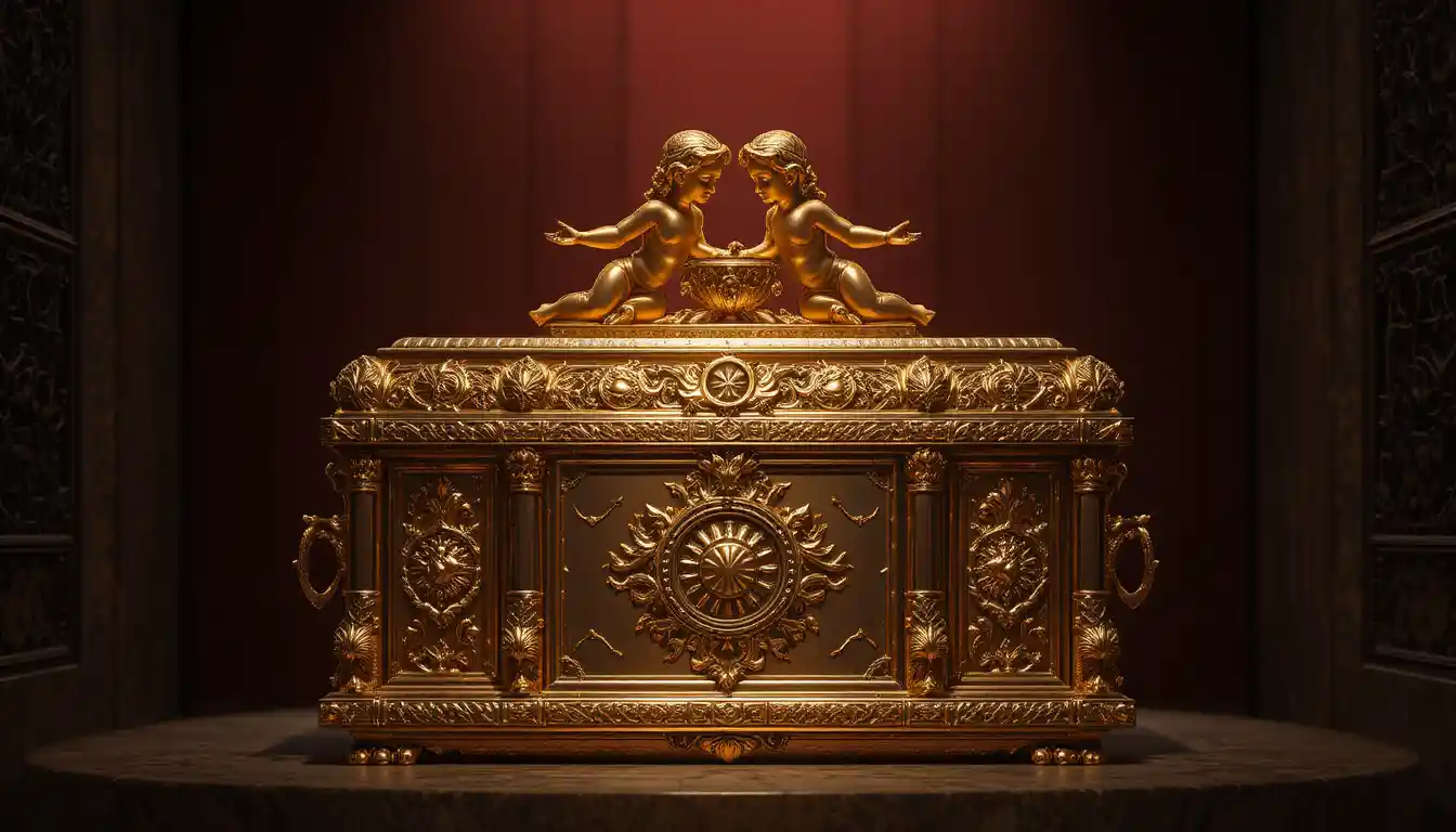 Golden ark like chest with cherubim on dark surface