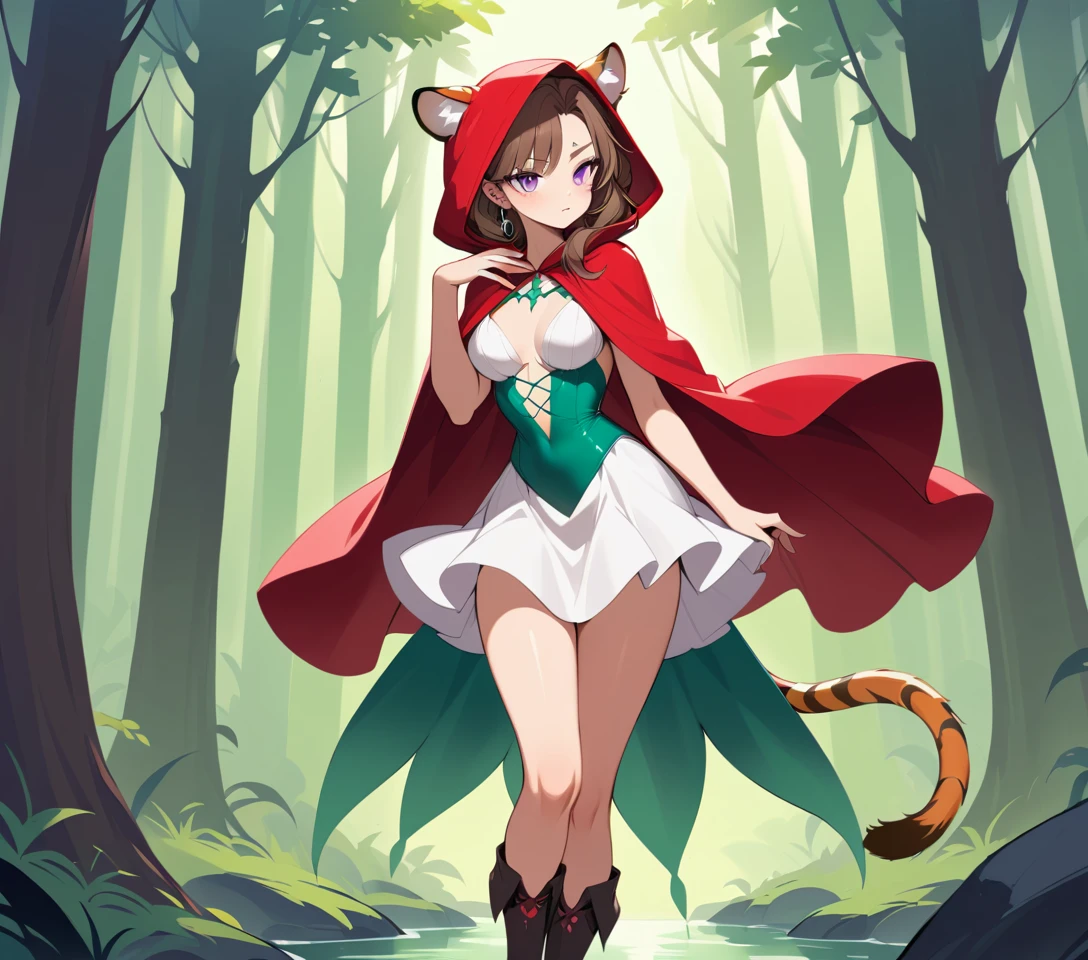Seductive tiger eared woman in red hooded forest outfit