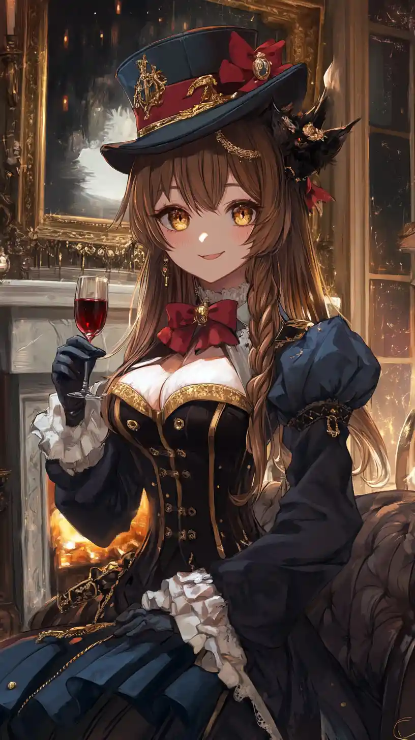 華やかな金色の衣装と黒いコートをまとったエレガントなアニメ少女