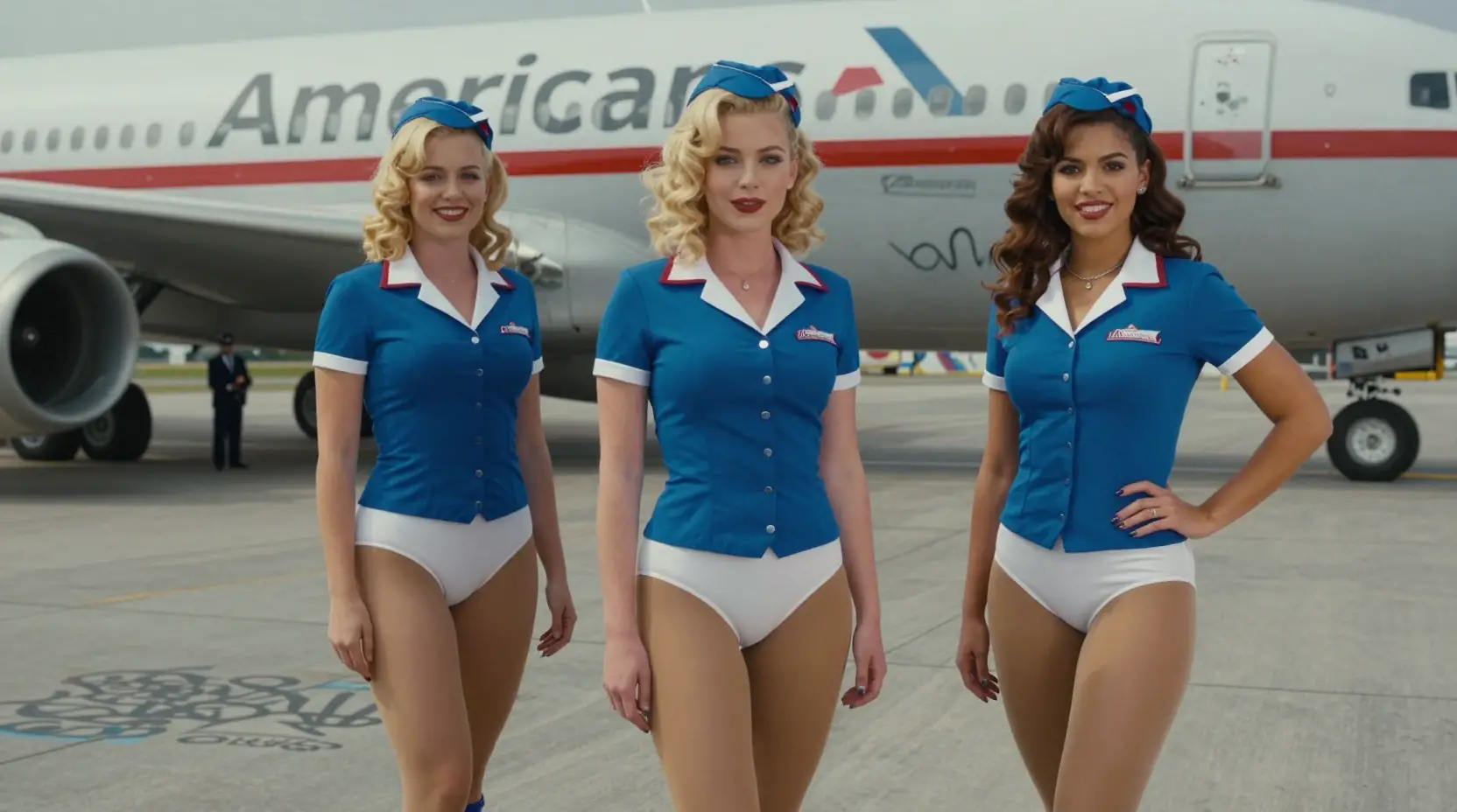 Three retro flight attendants posing by jet on airport apron