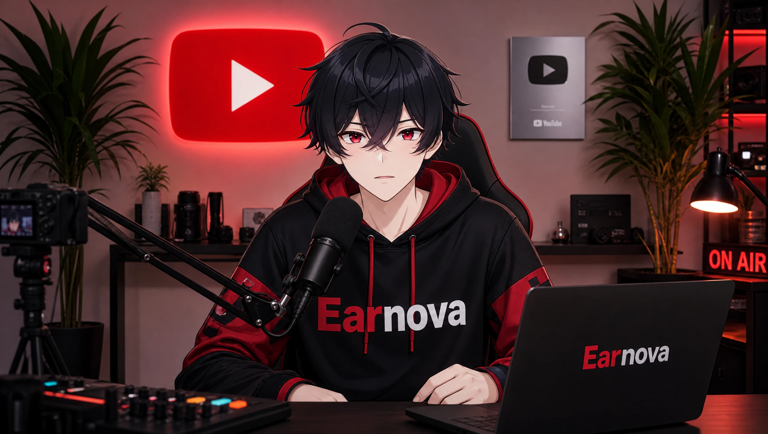 Garoto de anime fazendo streaming em uma mesa com microfone e laptop