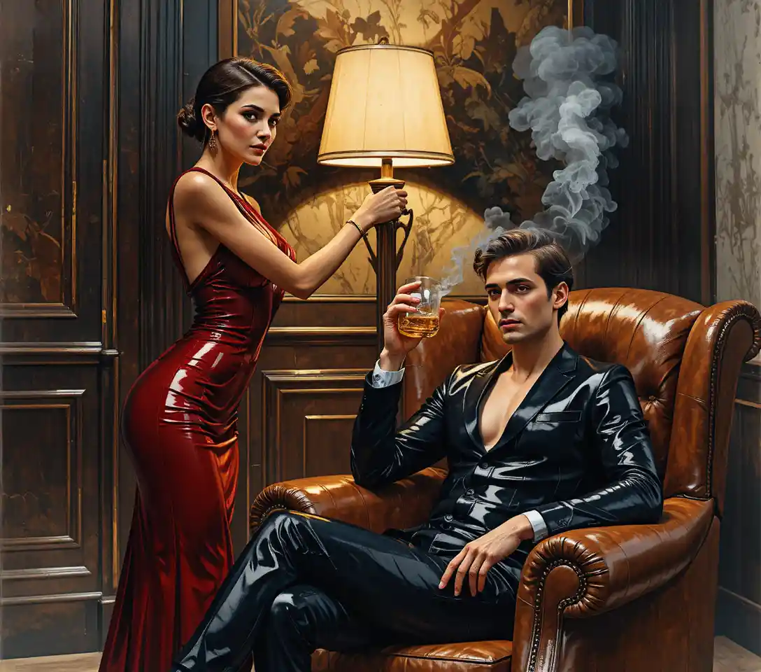 Elegant woman in red dress in a moody private office