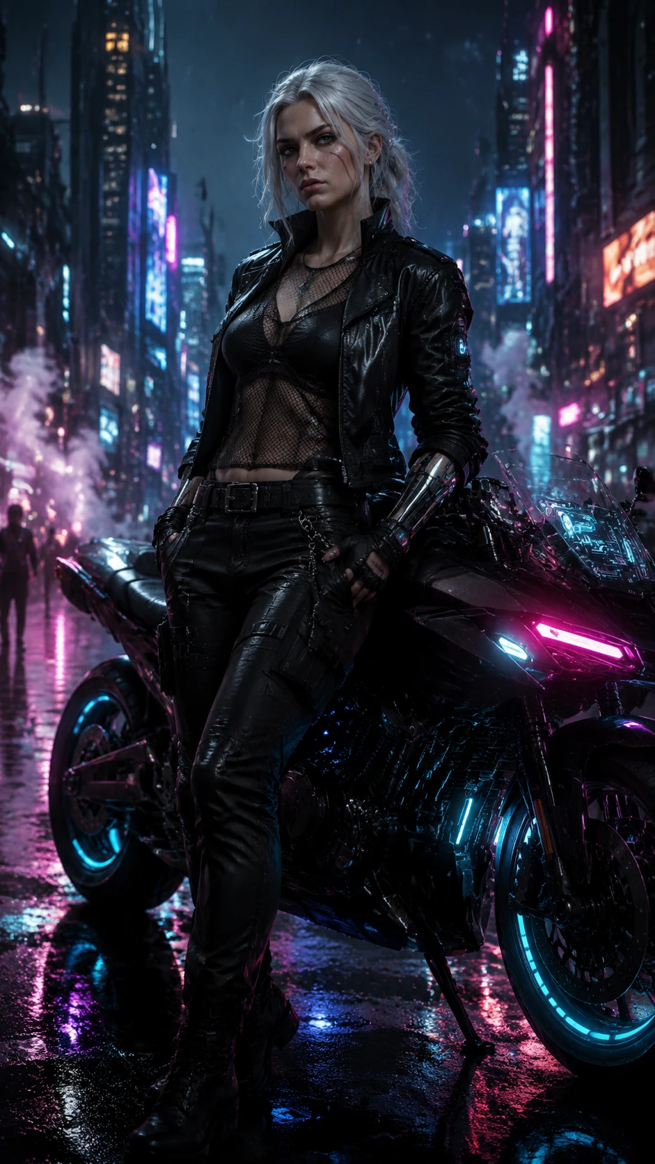 Guerreira cyberpunk ao lado de moto neon na chuva