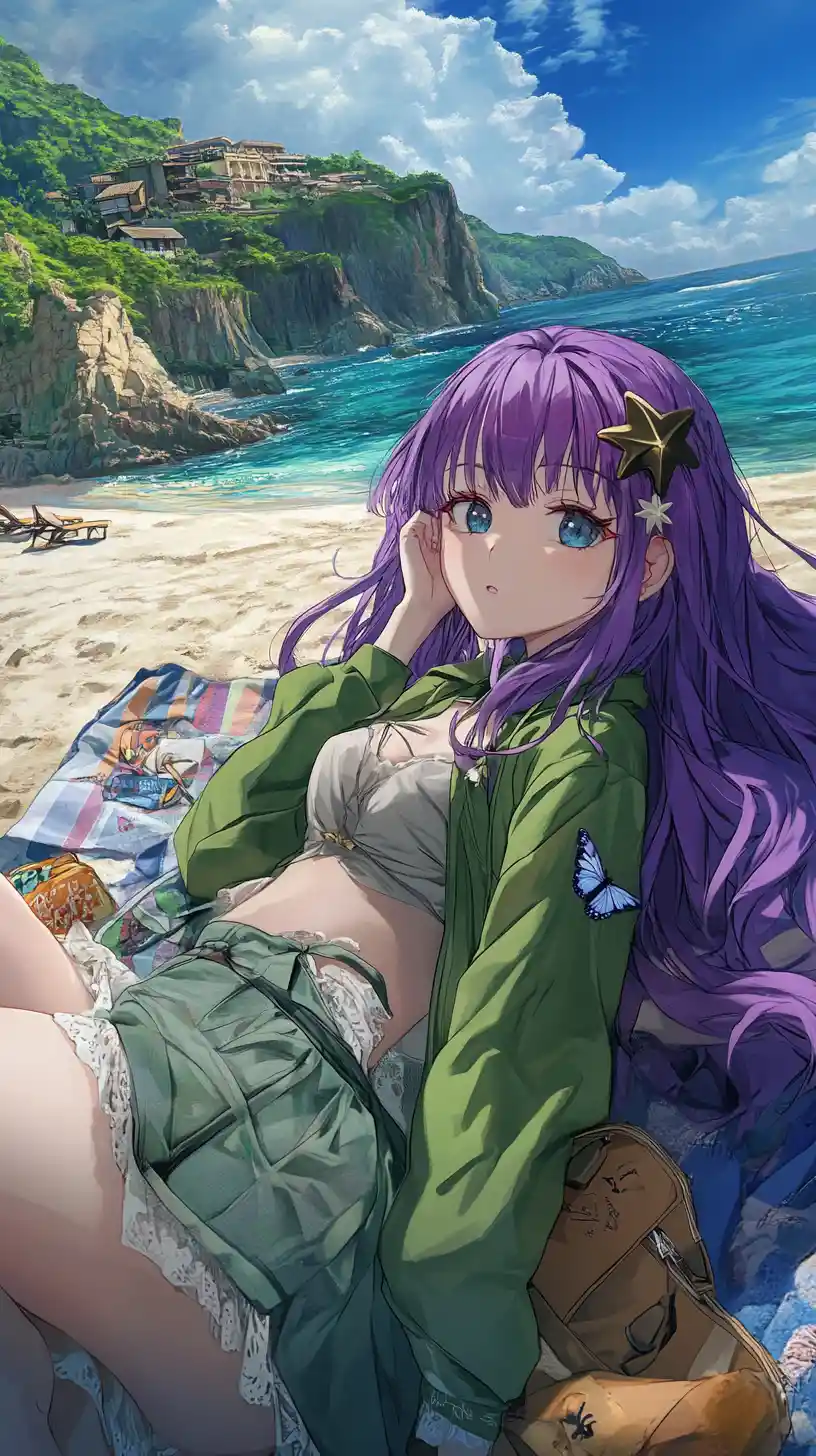 Anime girl relaxing on a colorful towel at the beach