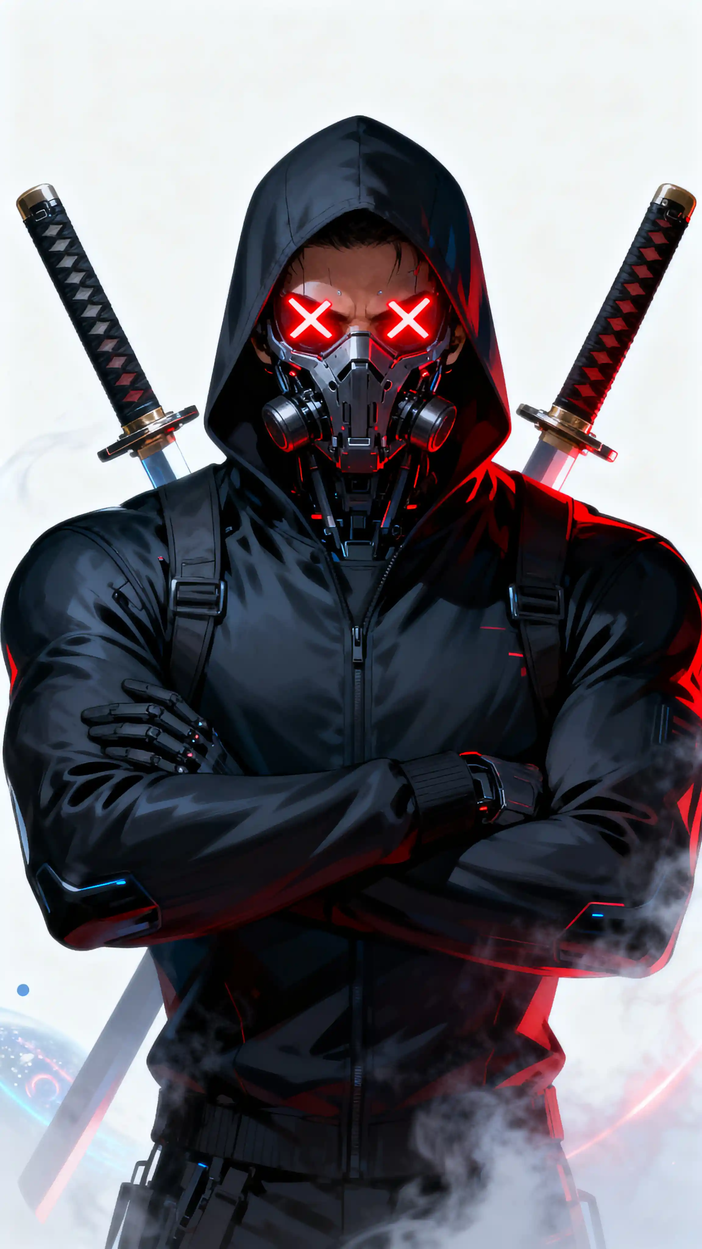 Homme masqué cybernétique aux bras croisés avec des katanas