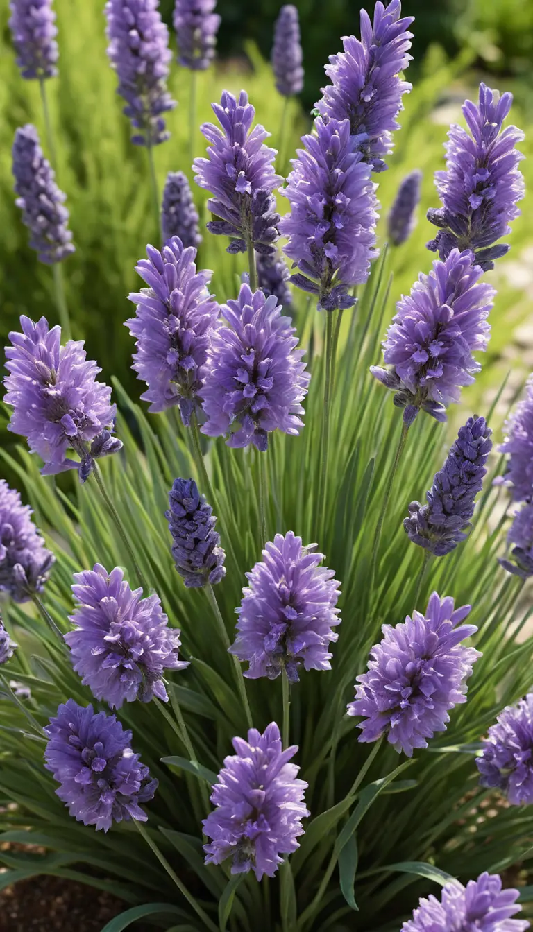 Lavendelfarbene Blumen an einem klaren türkisfarbenen Bach