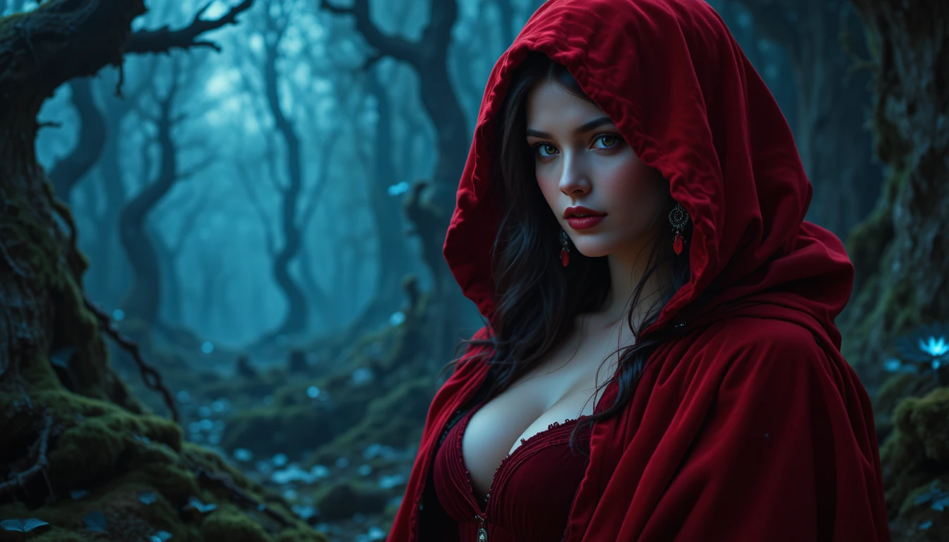 Mystical red hooded woman in a twilight fantasy forest