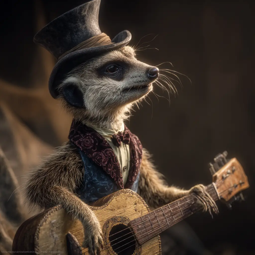 Dapper meerkat in waistcoat balancing on antique guitar