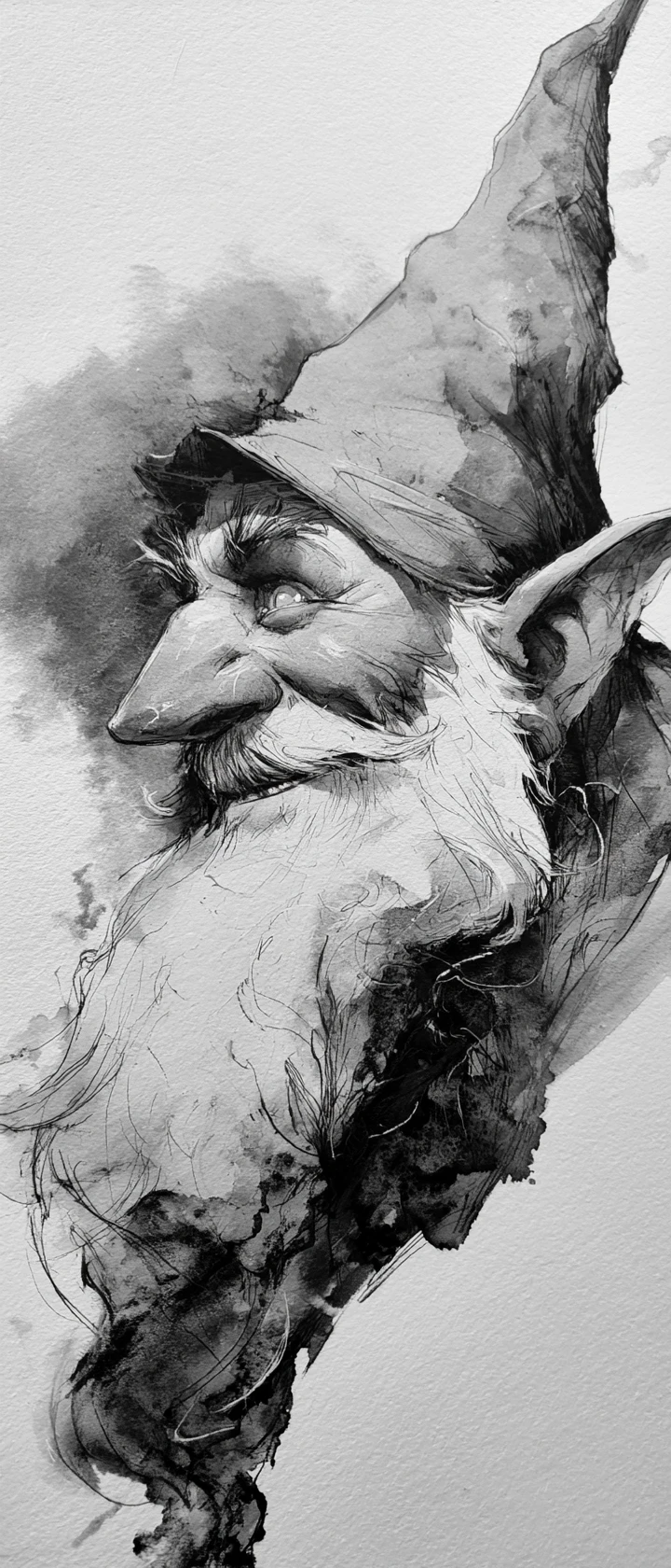 Portrait de profil à l’encre d’un gnome fantastique espiègle
