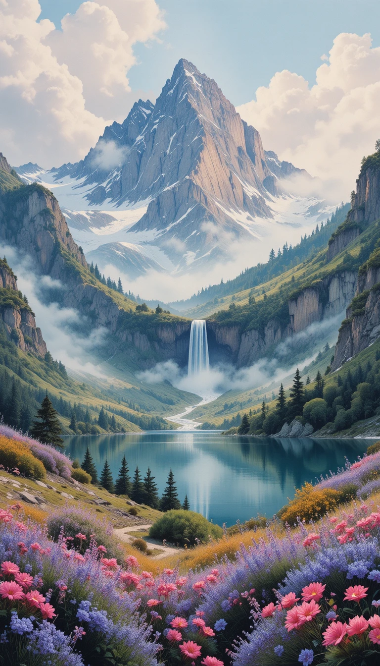 Träumerische Aquarellberge im Morgengrauen mit nebligem Wasserfall