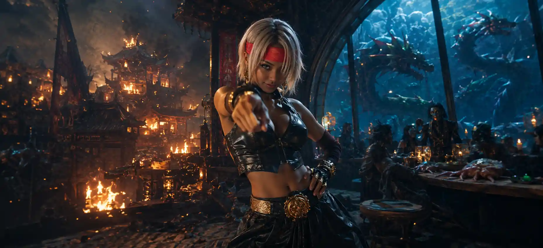 Defiant woman in ruins within an underwater tavern