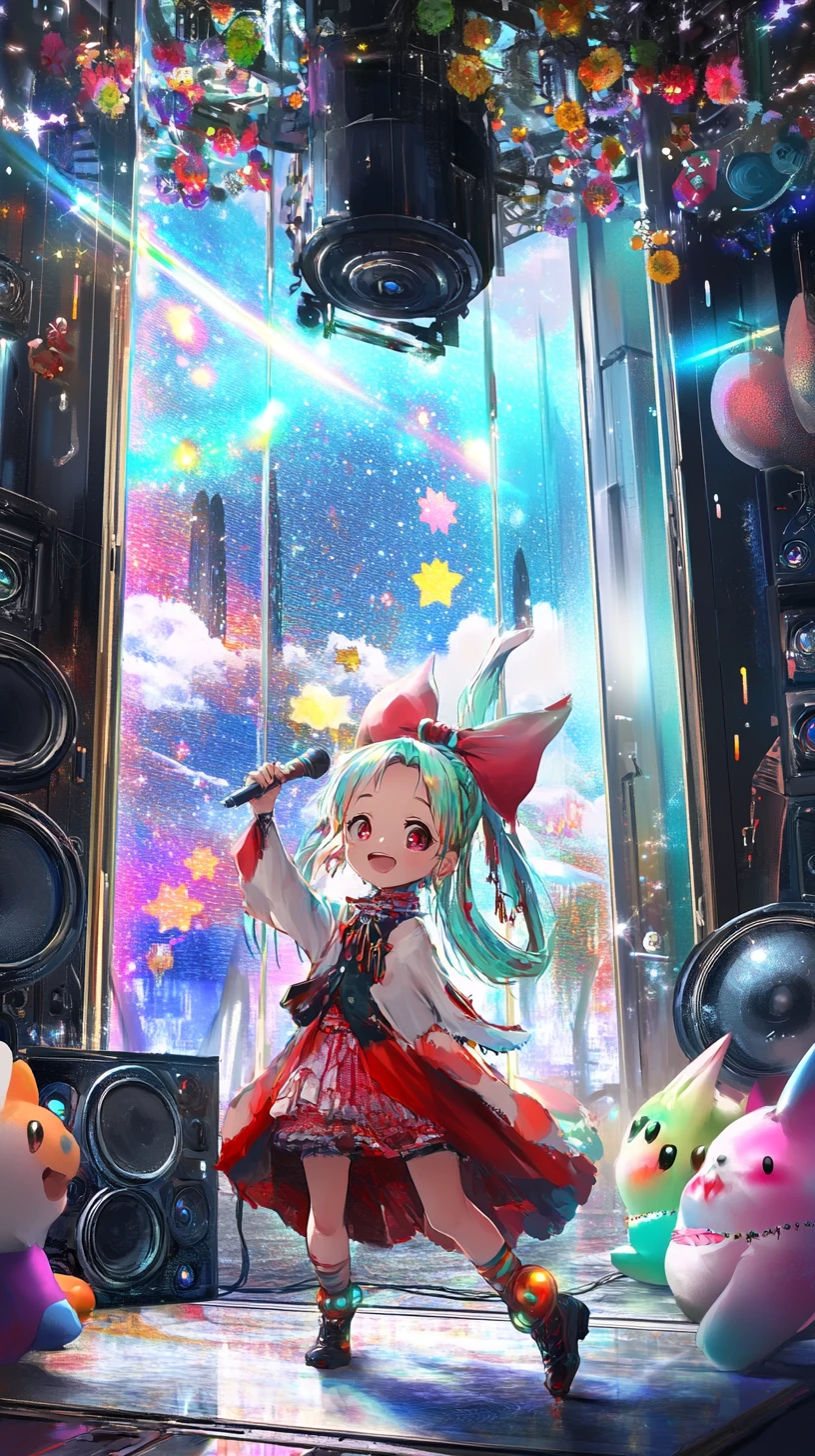 Ragazza anime che canta su un palco da concerto futuristico