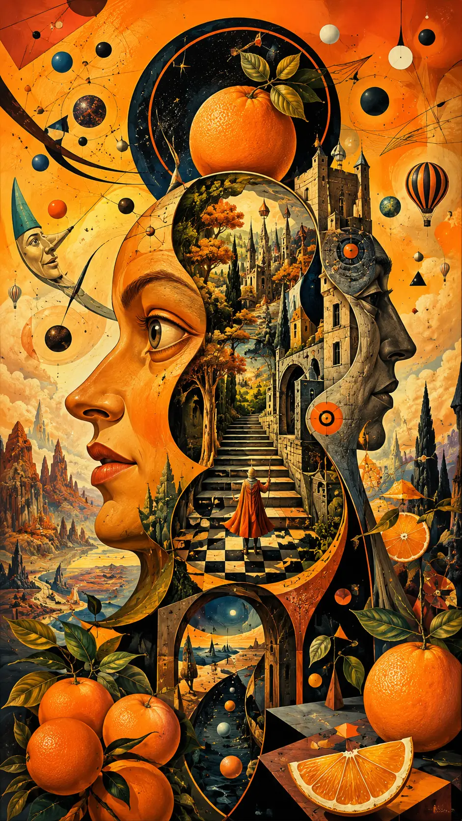 Surreales orangefarbenes Gemälde in mystischem abstraktem Raum