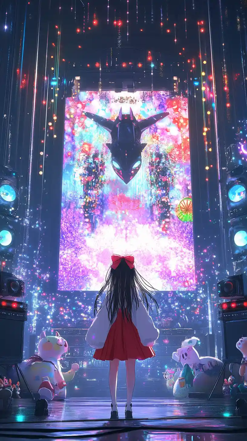 Ragazza anime che canta su un palco da concerto futuristico