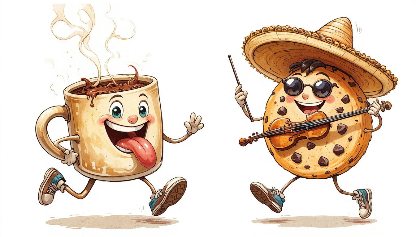 Verspielte Cartoonfiguren: Junge, Kaffeetasse und Keks