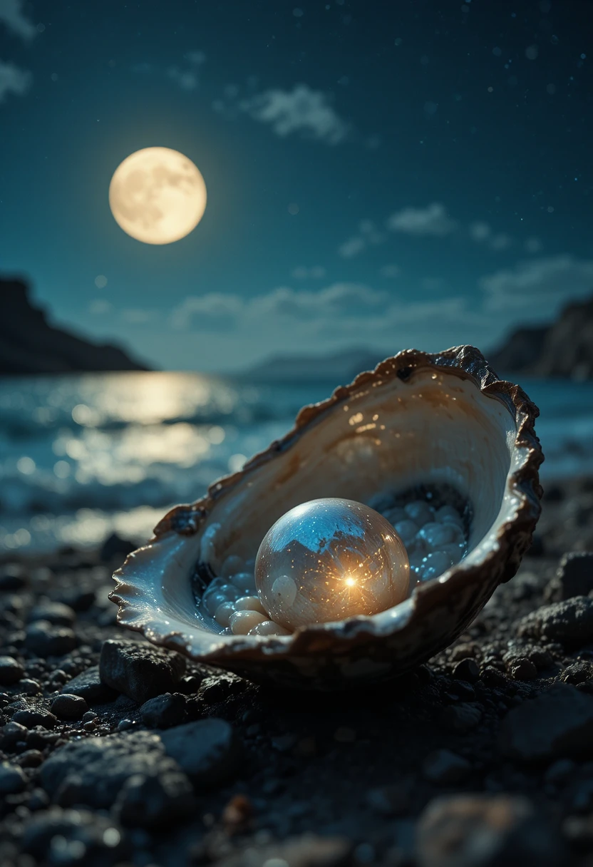 Ostrica con perla scintillante sotto un cielo notturno silenzioso