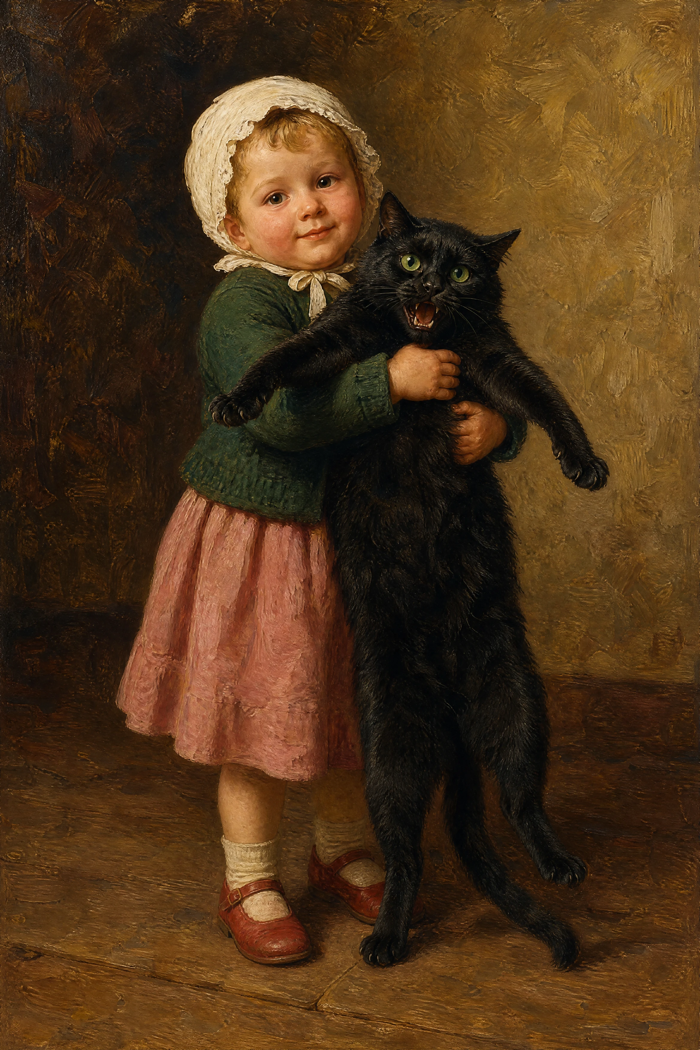 Criança Pequena Segurando um Grande Gato Preto em Retrato Clássico a Óleo