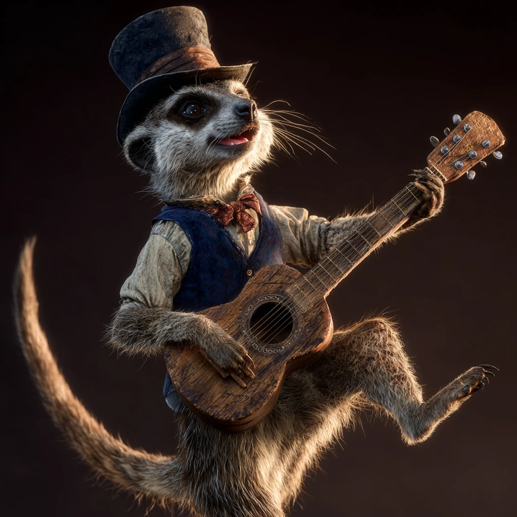 Dapper meerkat balancing on antique guitar on stage