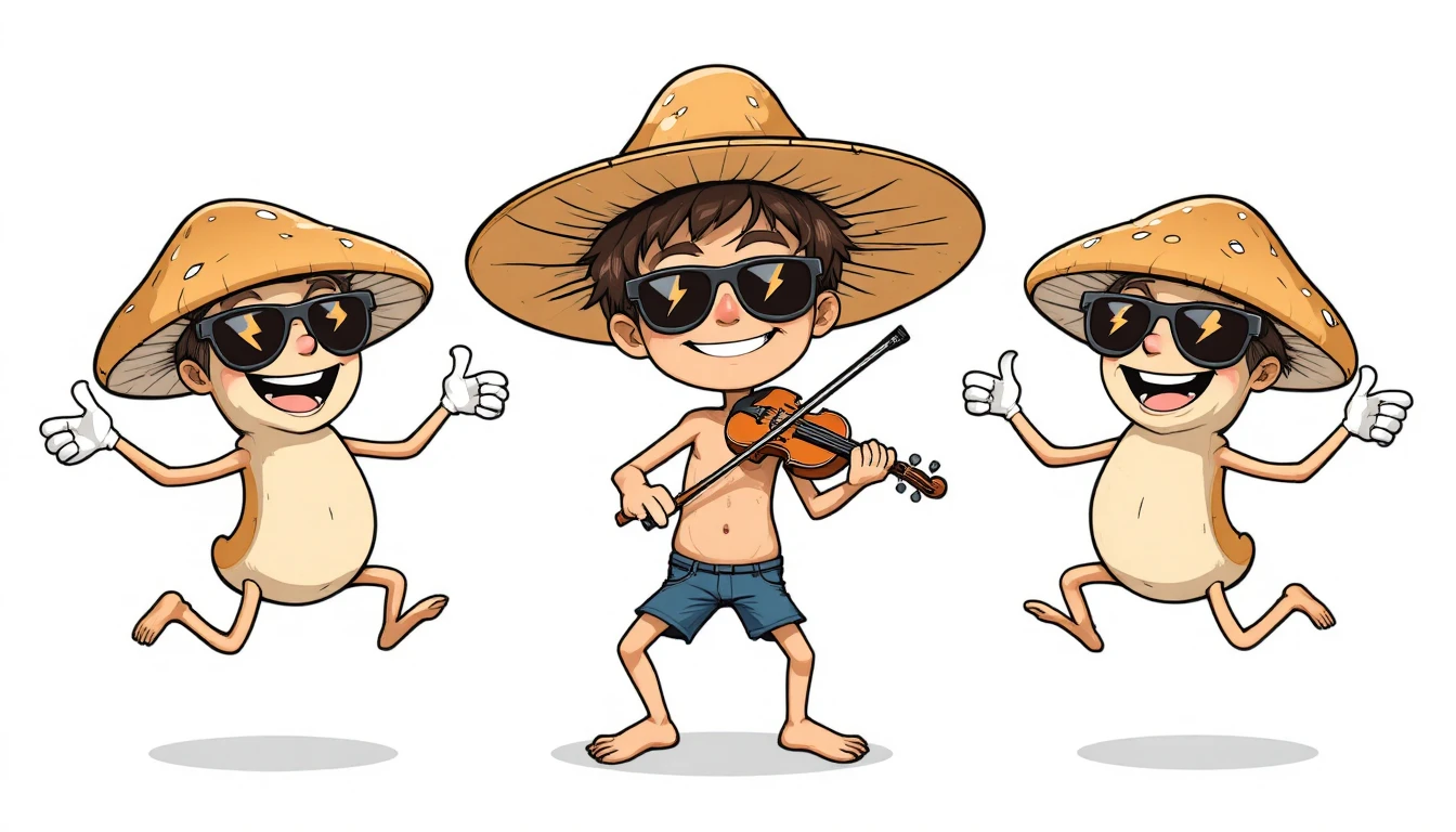 Joyful boy and cool mushroom friends playing violin together