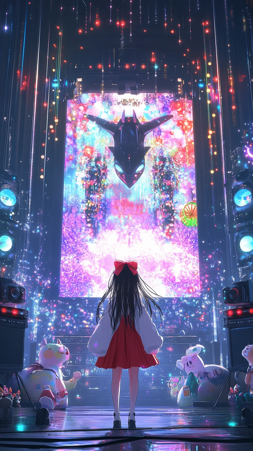 Ragazza anime che canta su un palco da concerto futuristico