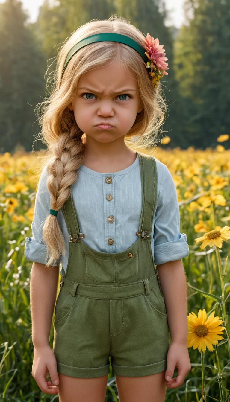 Smiling blonde girl by rustic wooden fence in sunlight