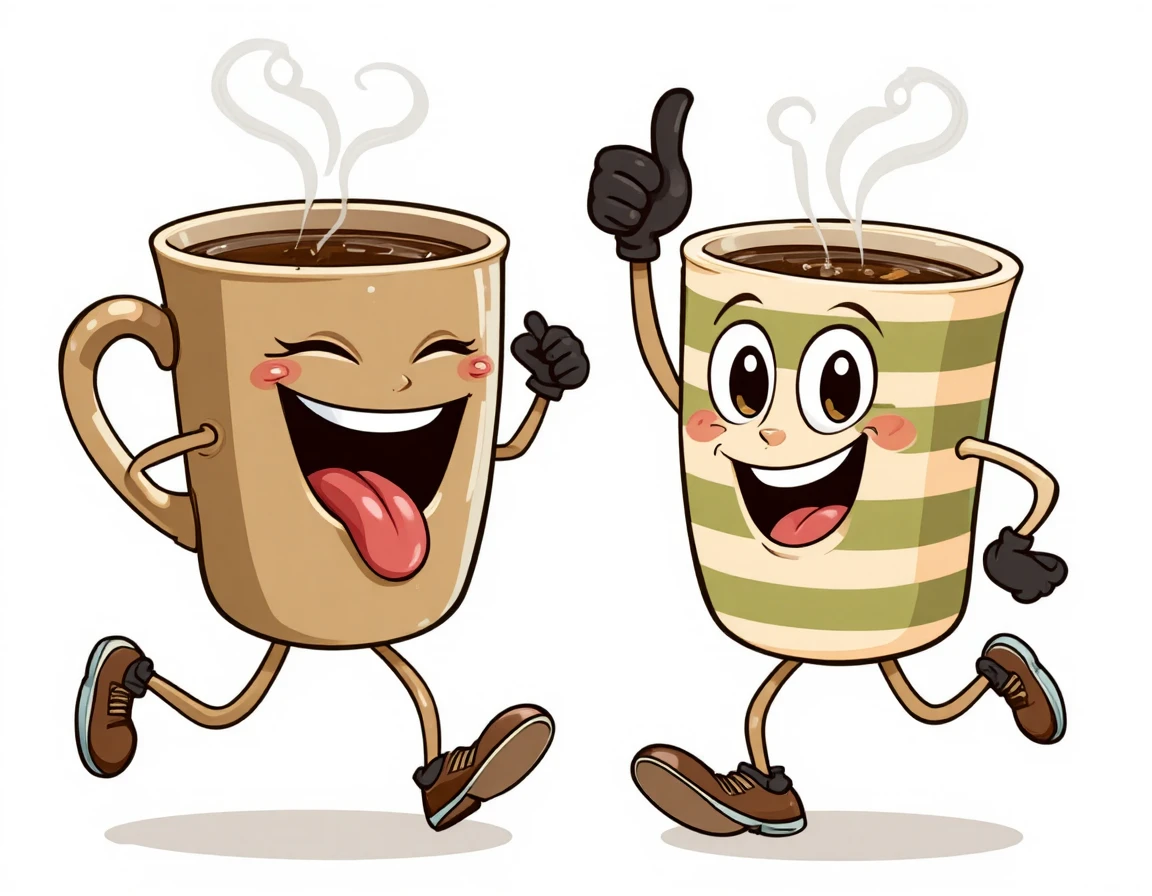 Tasses de café qui courent dans un style cartoon vectoriel mignon et ludique