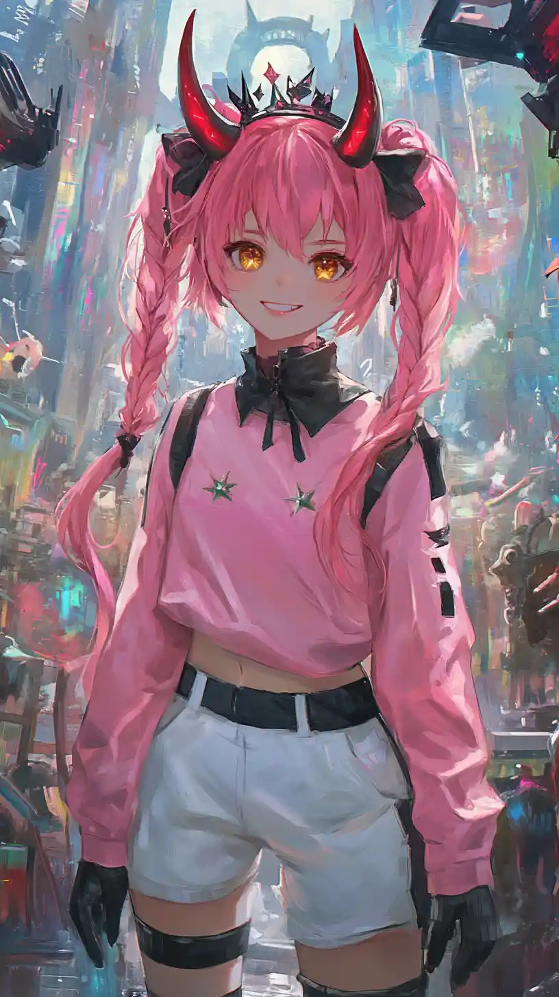 王冠と角をつけた笑顔のアニメ少女（細部まで描き込まれた衣装）