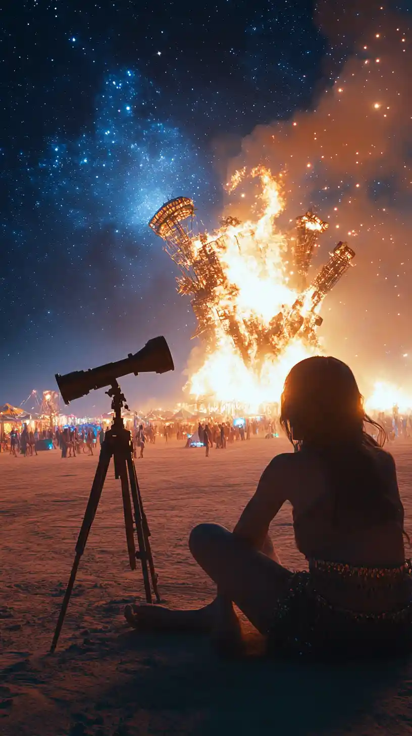 Femme observant les étoiles près d’une sculpture en flammes lors d’un festival dans le désert
