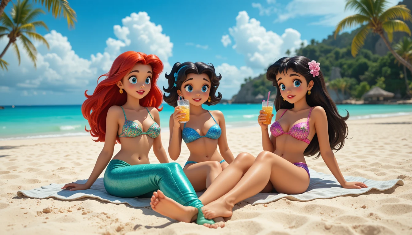 Mulheres relaxando em uma praia tropical ensolarada de micro biquíni