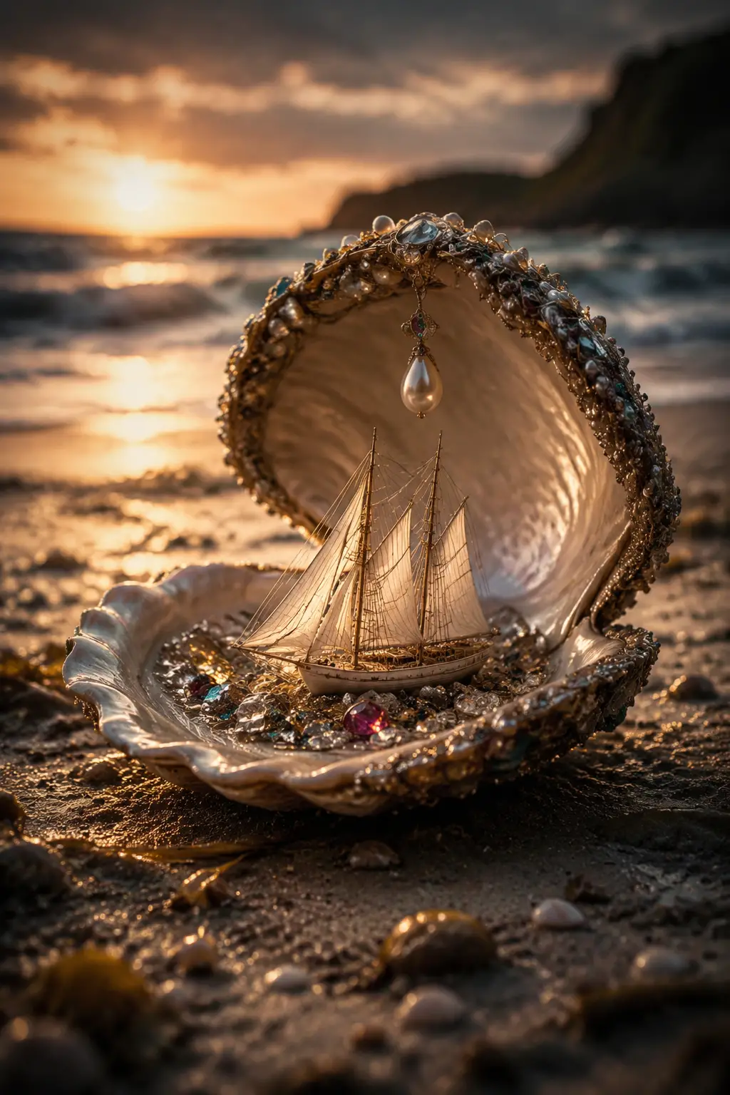夕陽沙灘上寶石海貝與迷你帆船