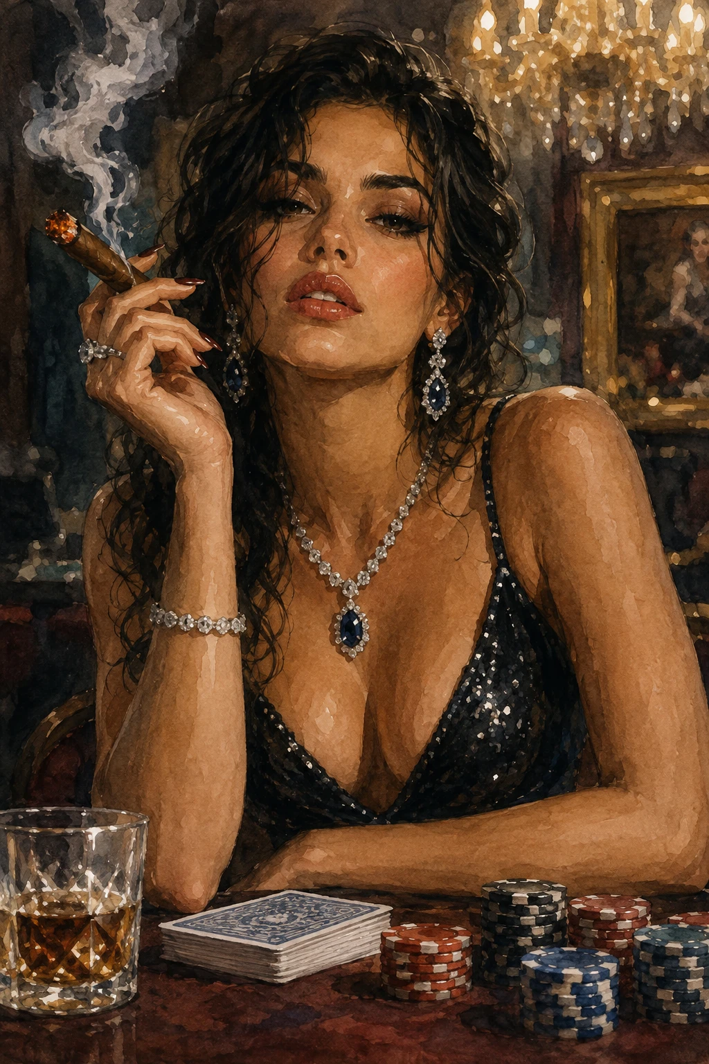 Glamorous woman with cigar at a luxurious casino table