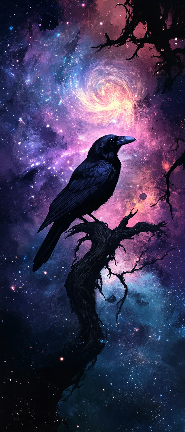 Silhueta de Corvo Contra um Céu de Nebulosa Cósmica