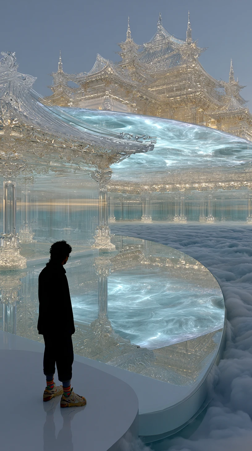 Figura solitária contemplando palácio celeste de cristal nas nuvens