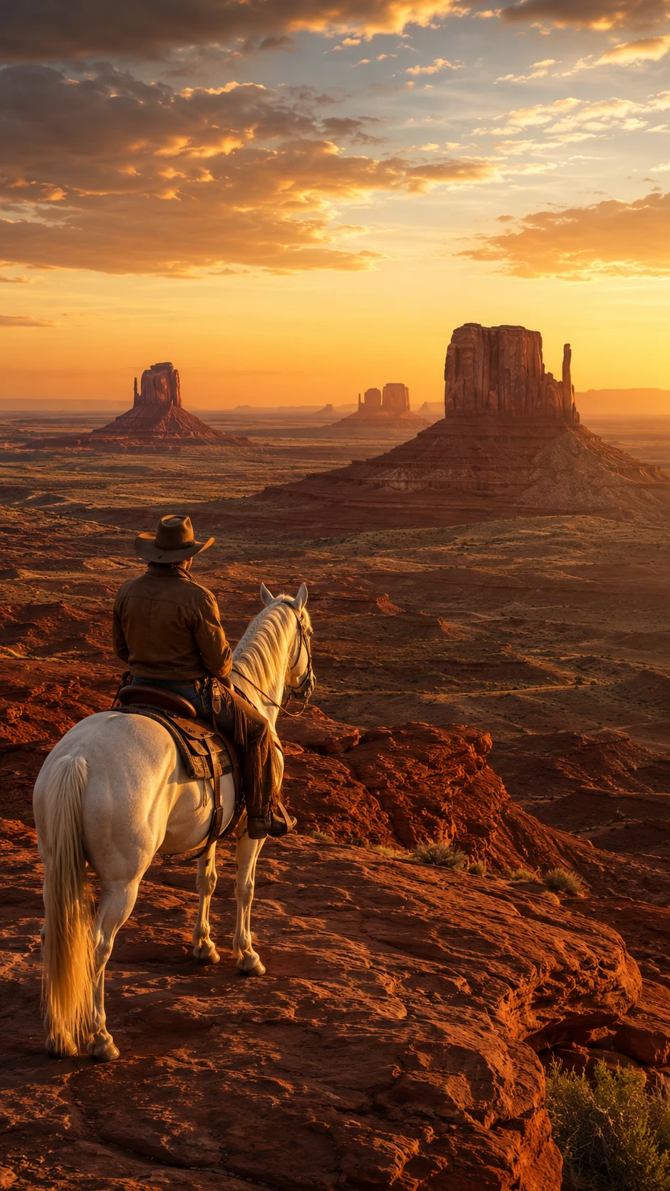 Cowboy em cavalo branco observando o Monument Valley ao pôr do sol