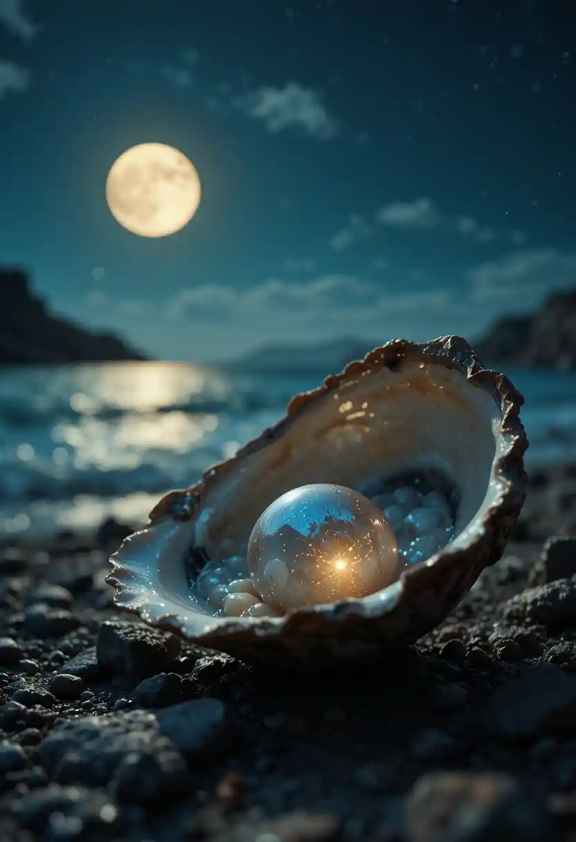 Ostrica con perla scintillante sotto un cielo notturno silenzioso