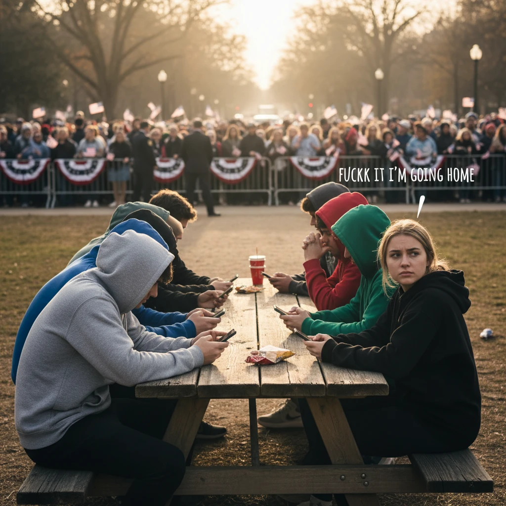 Friends in hoodies sitting together at a wooden picnic table