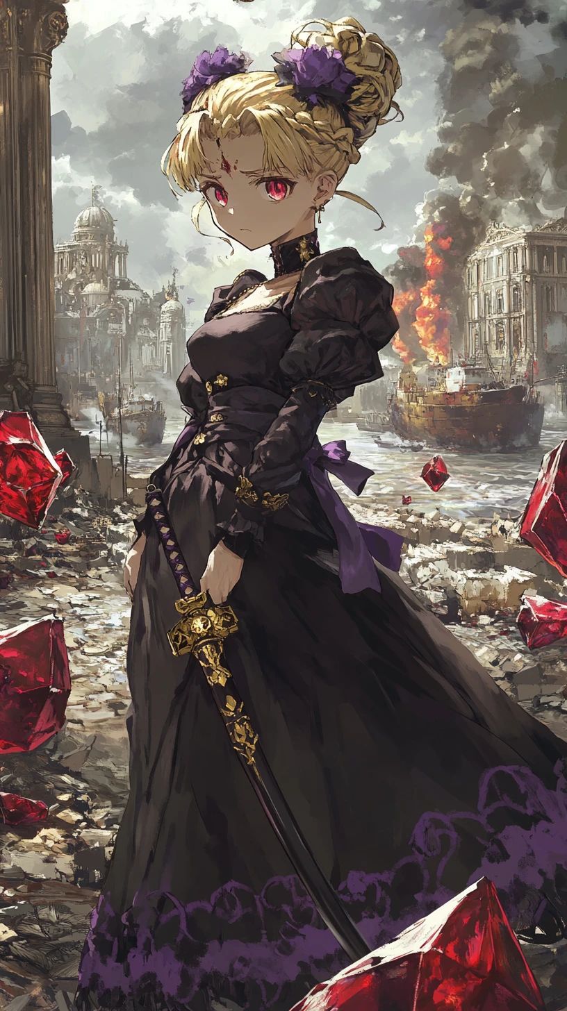 Garota de anime de vestido preto com cabelo dourado em coque