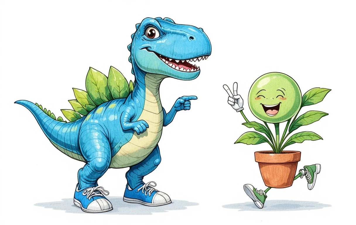 Verspielter blauer Dinosaurier und Topfpflanze als Cartoonfiguren