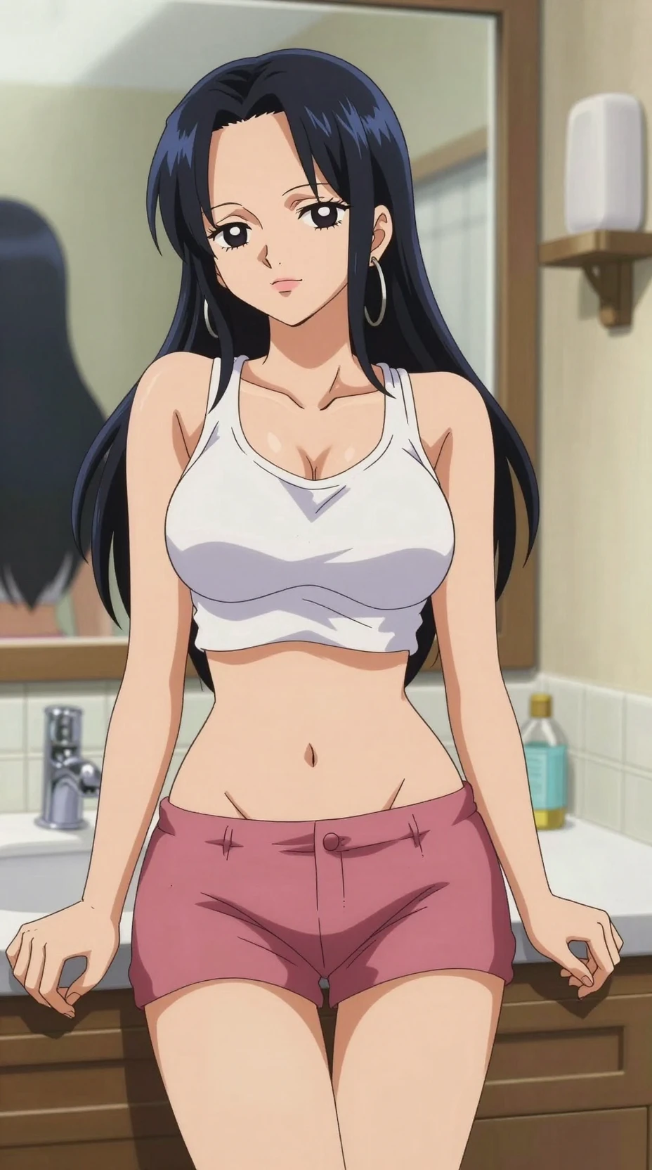 Mulher de anime no espelho do banheiro usando pijama casual