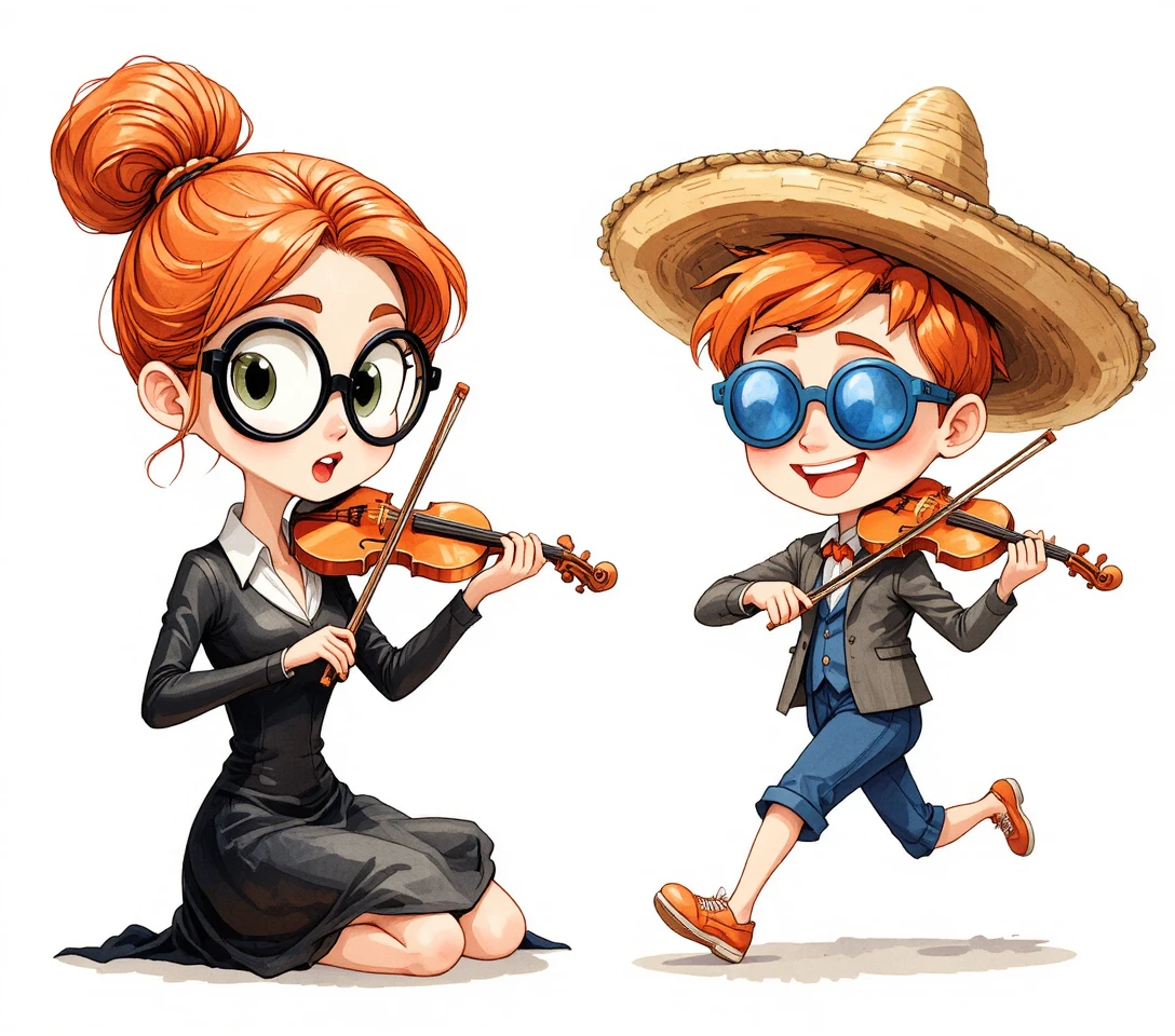 Musicisti cartoon che suonano il violino in un’illustrazione giocosa