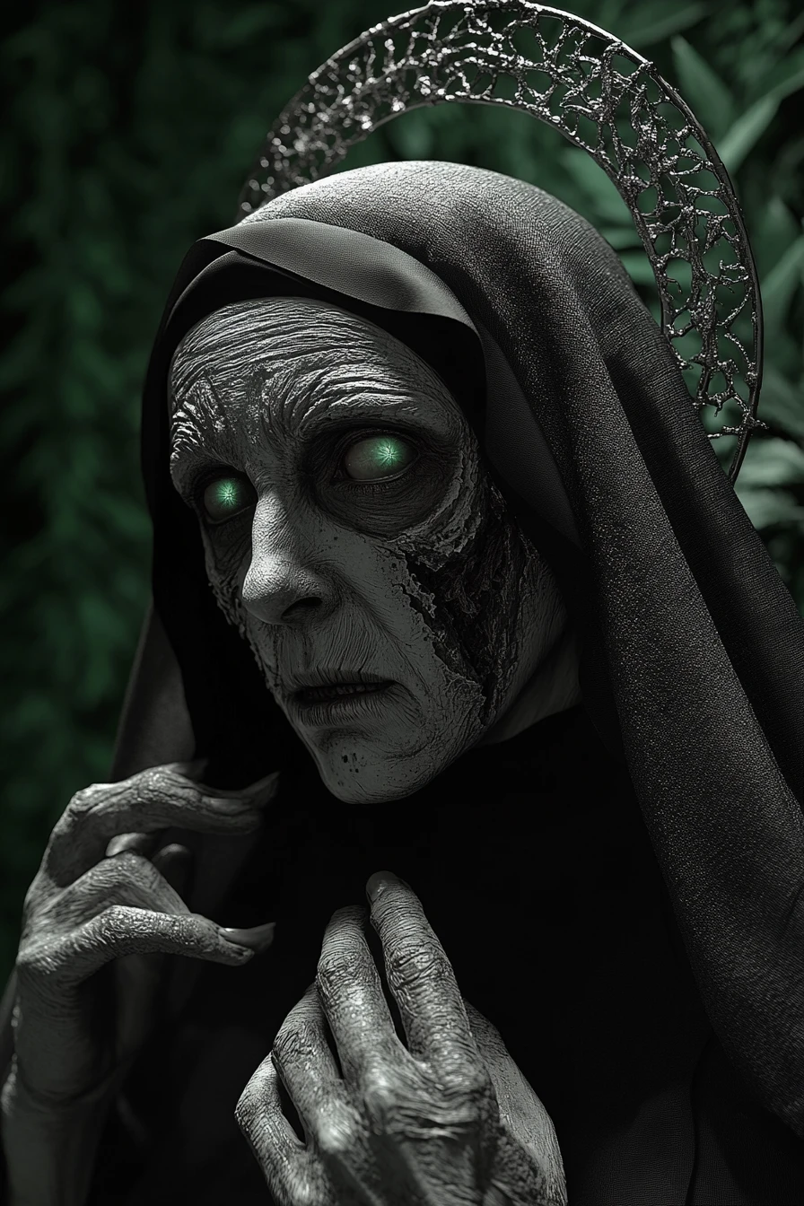 Portrait inquiétant de nonne au visage fissuré dans une forêt sombre
