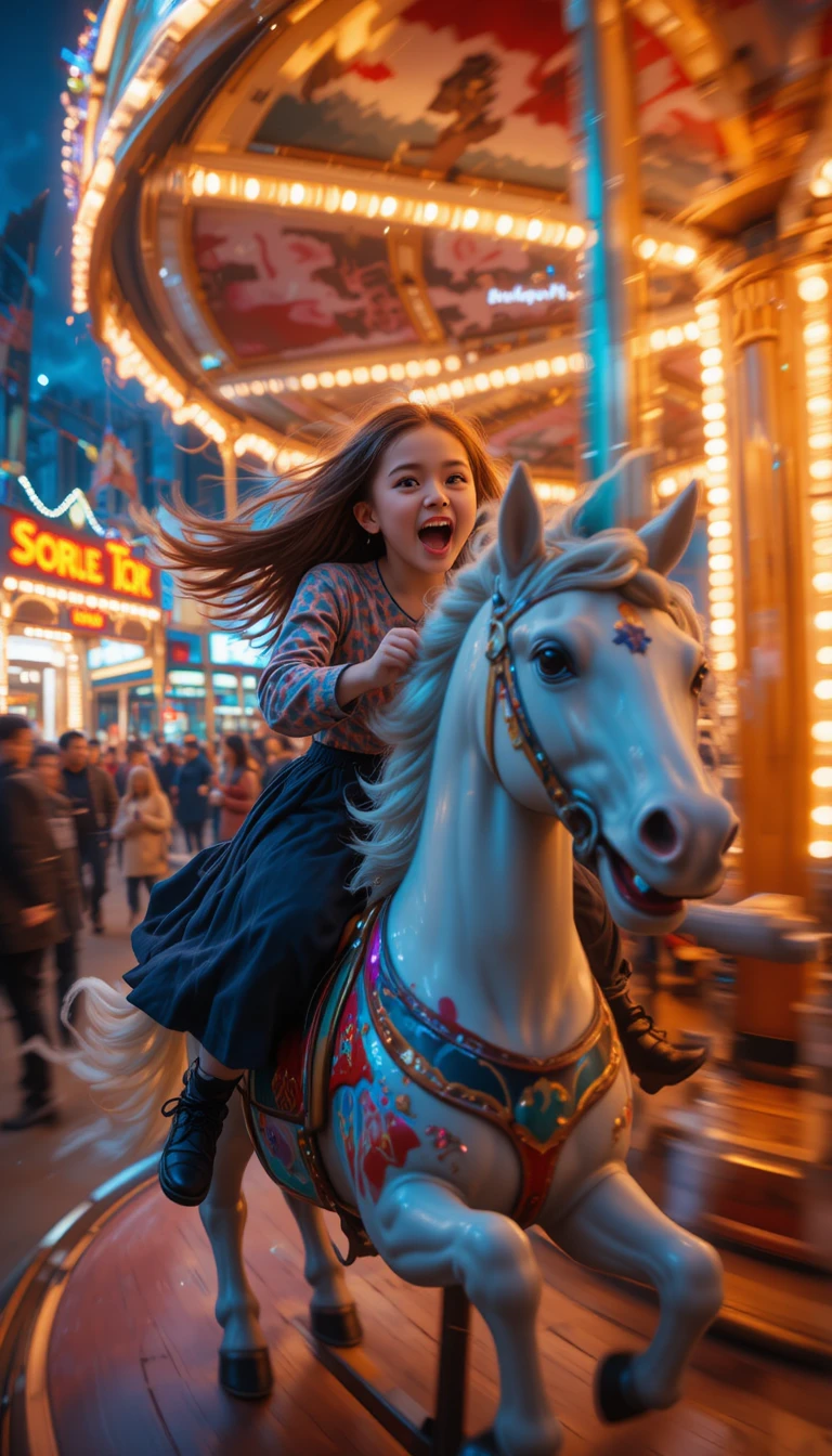 Garota de anime rindo em um cavalo de carrossel no parque noturno
