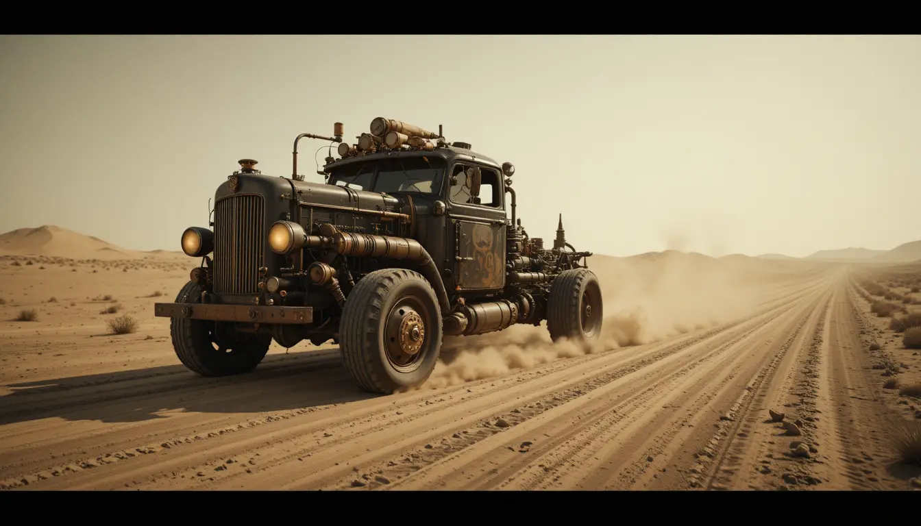 Steampunk-Truck fährt über eine kahle Wüstenstraße