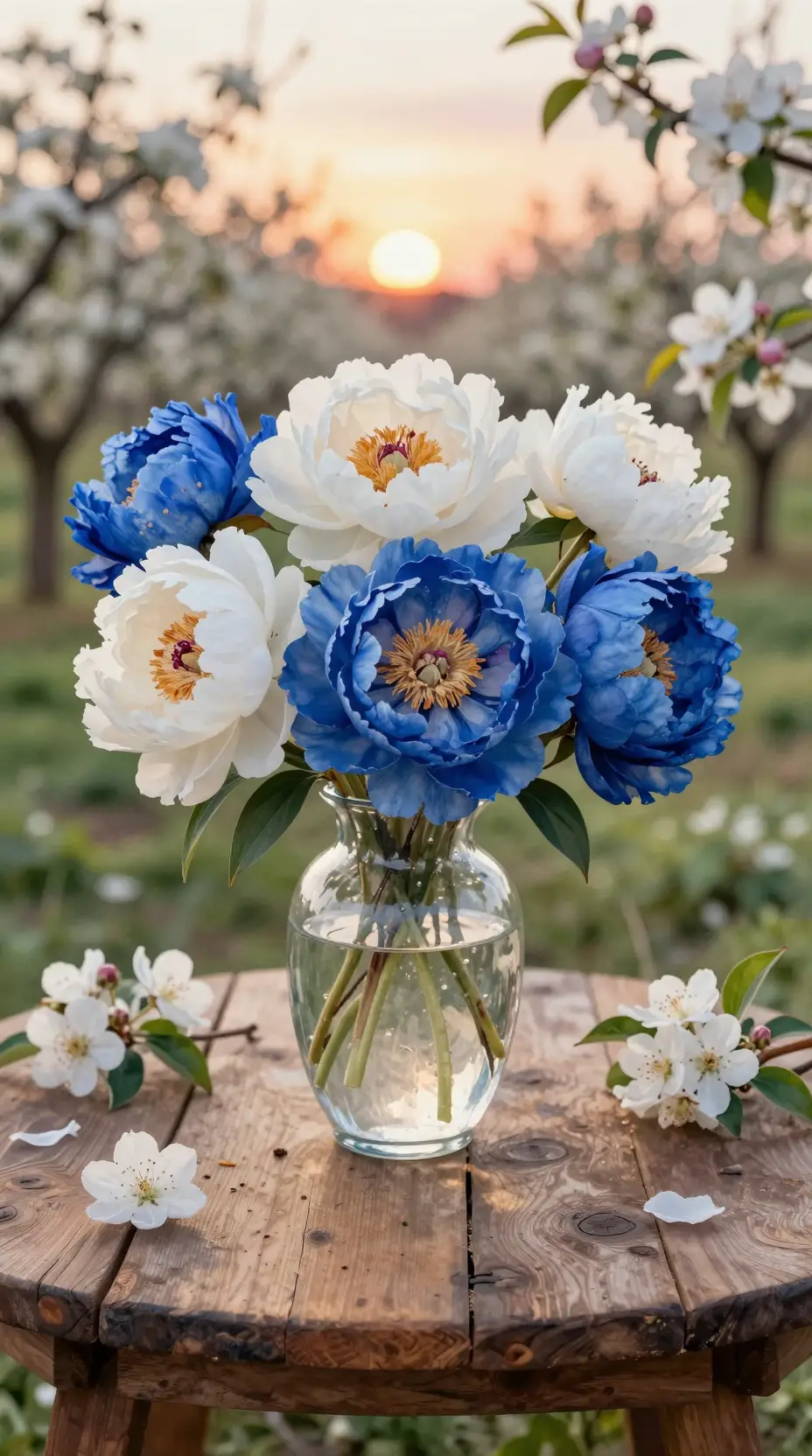 Worms eye view of peonies in a glass vase at sunset