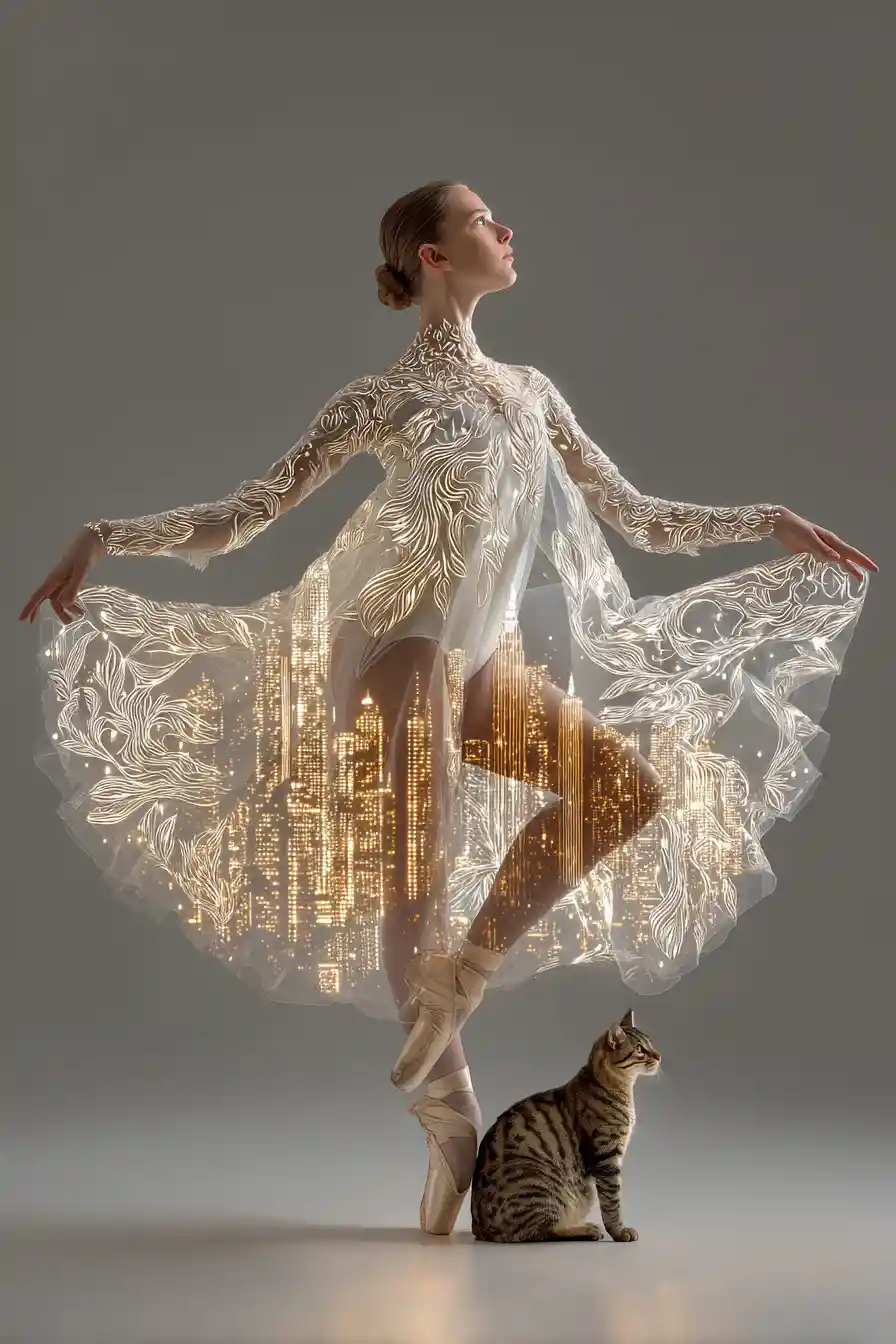 Graziosa ballerina di balletto in pizzo luminoso con velo di città